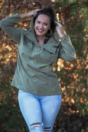 Army Green Lightweight Snap Button Hoodie