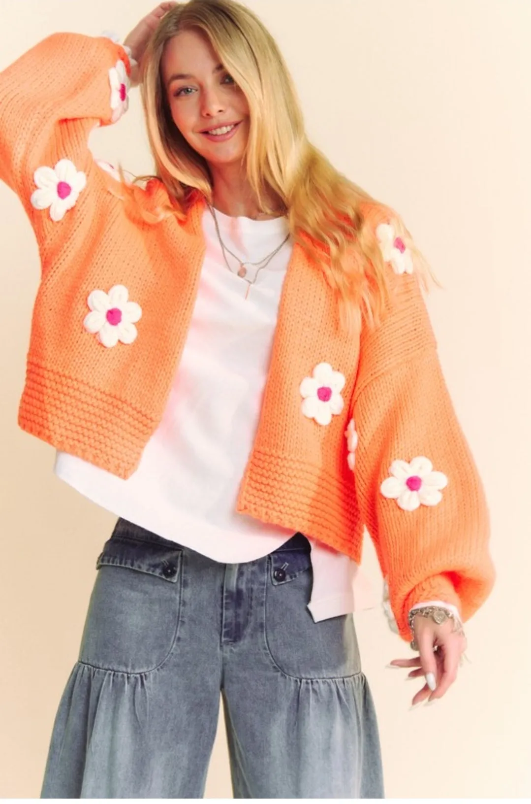 Chunky Knitted Daisy Cropped Cardigan