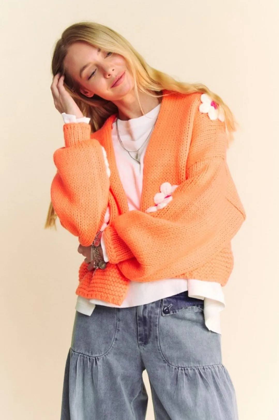 Chunky Knitted Daisy Cropped Cardigan