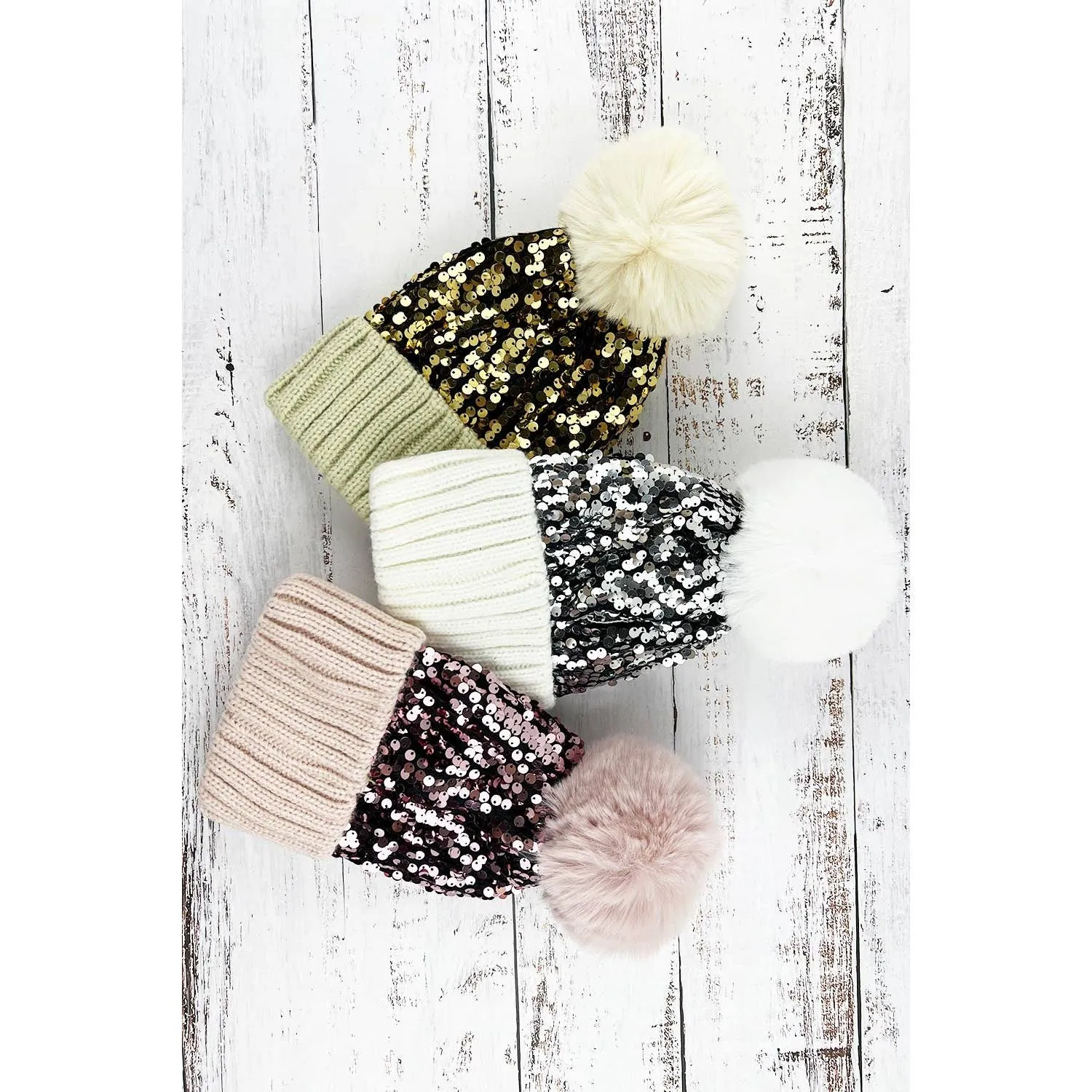 COLORED SEQUIN POM POM BEANIE