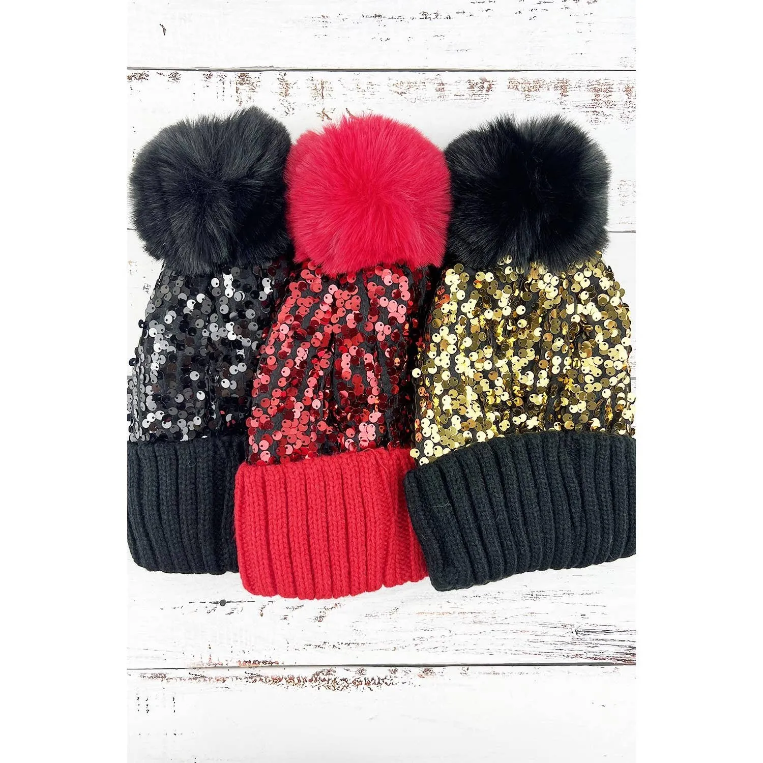 COLORED SEQUIN POM POM BEANIE