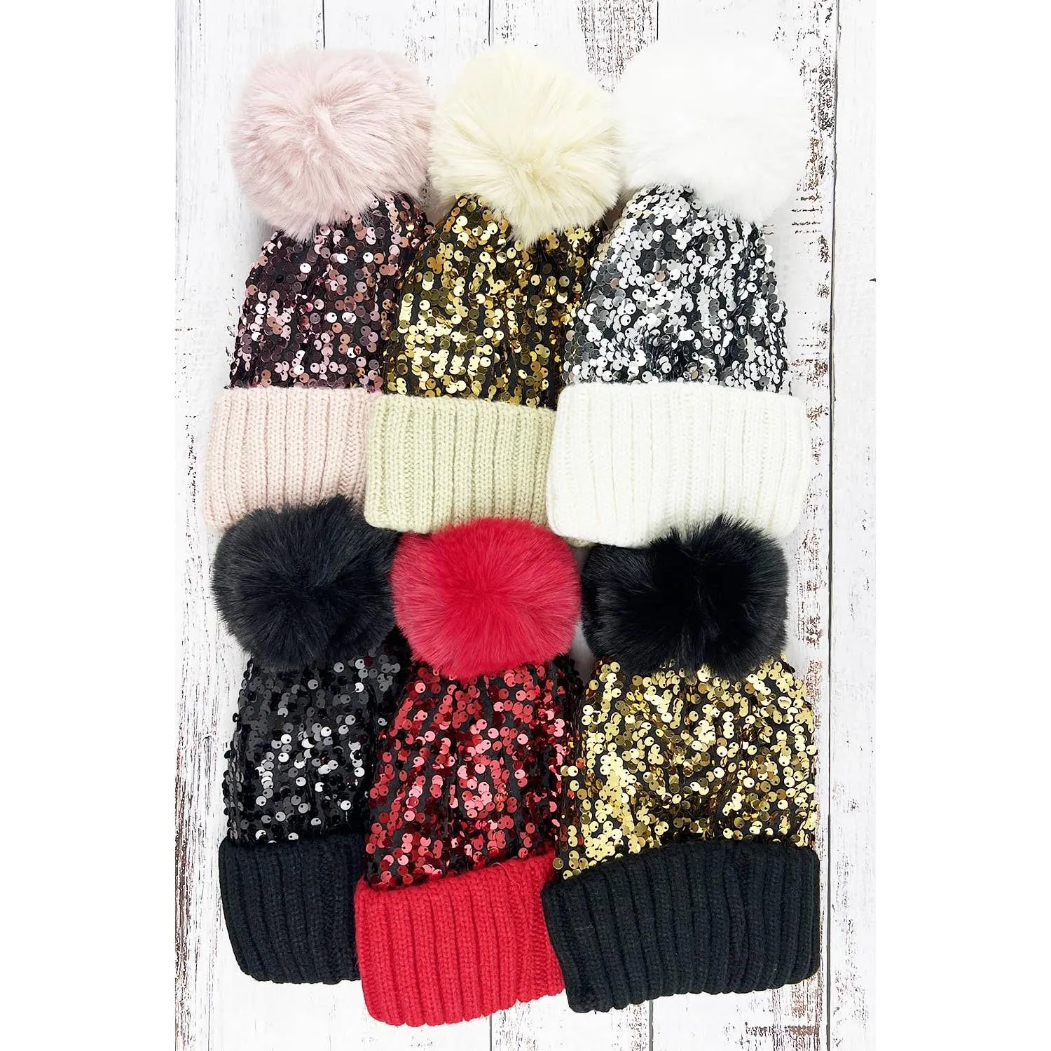COLORED SEQUIN POM POM BEANIE