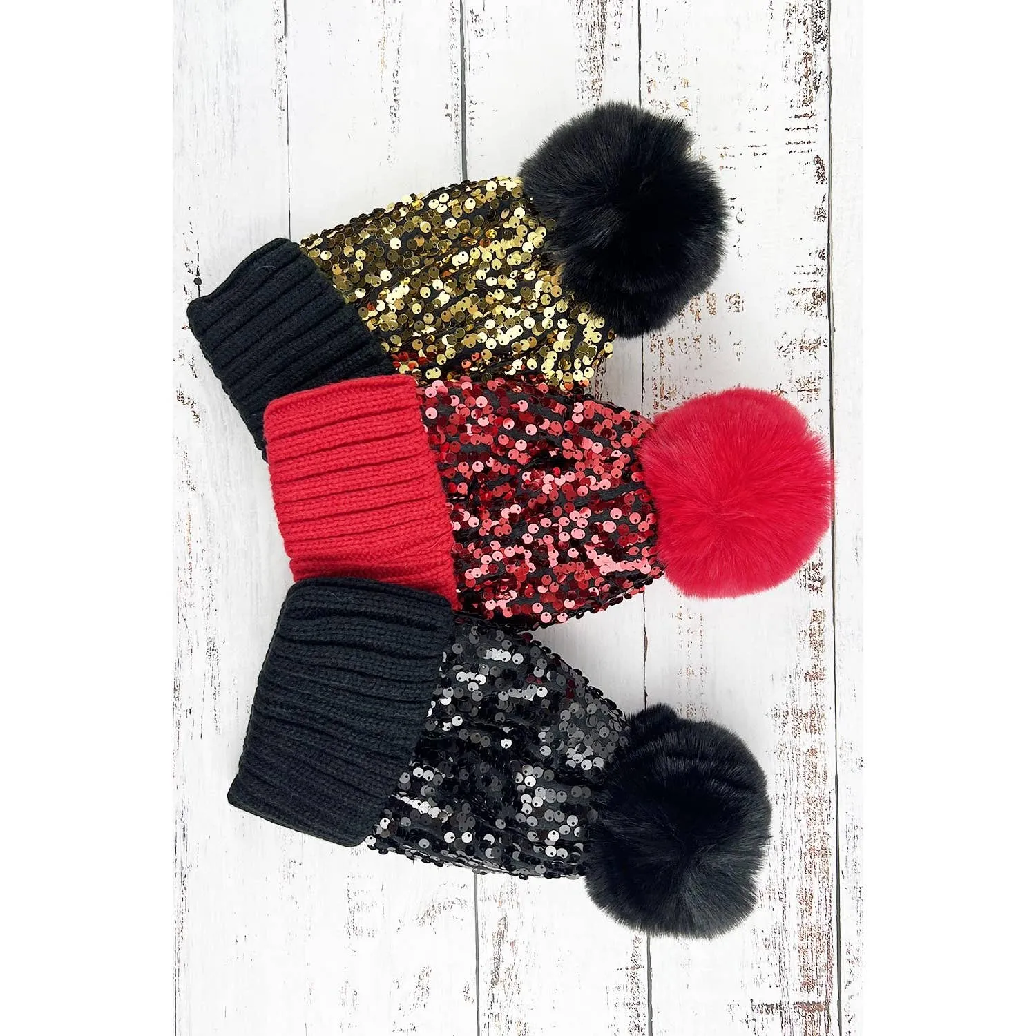 COLORED SEQUIN POM POM BEANIE