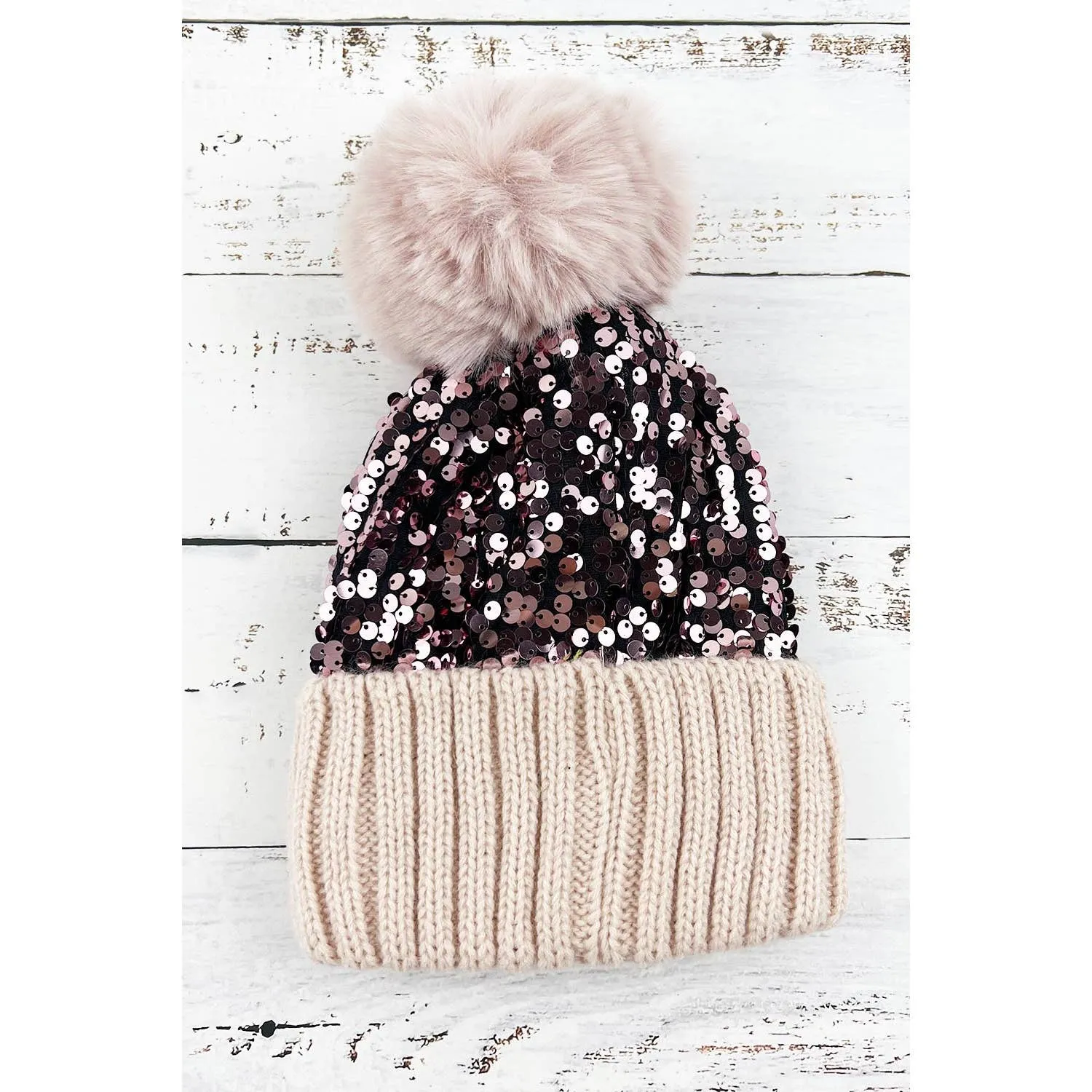 COLORED SEQUIN POM POM BEANIE