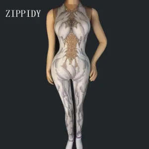 Glisten Rhinestone Feather Printed Jumpsuit Bling Crystals Rompers Sexy Costume Nigjtclub Party Show Celebrate Outfit Stage Wear