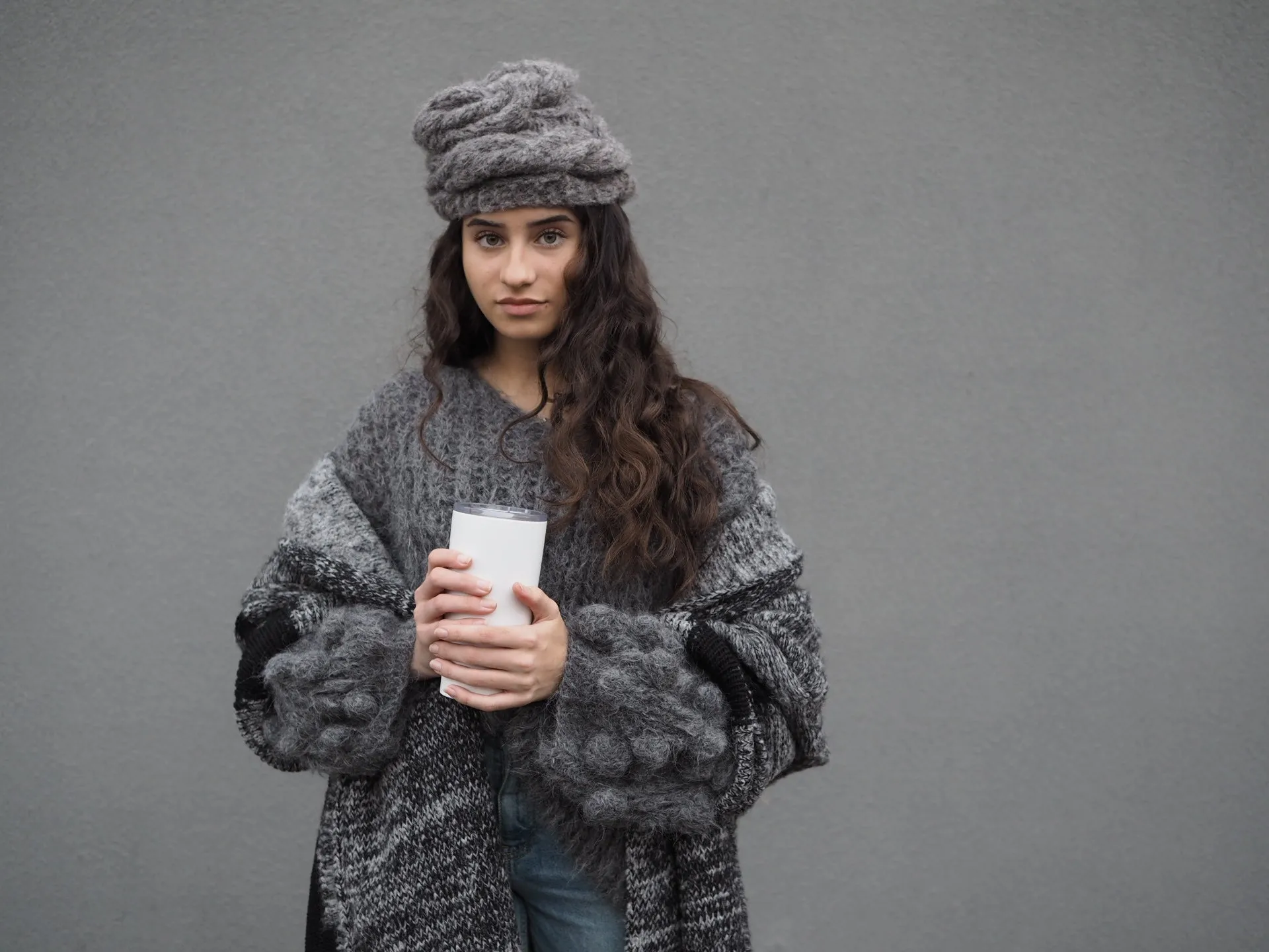 Hand knit cable beanie style Hat - (Alpaca) Black Marble