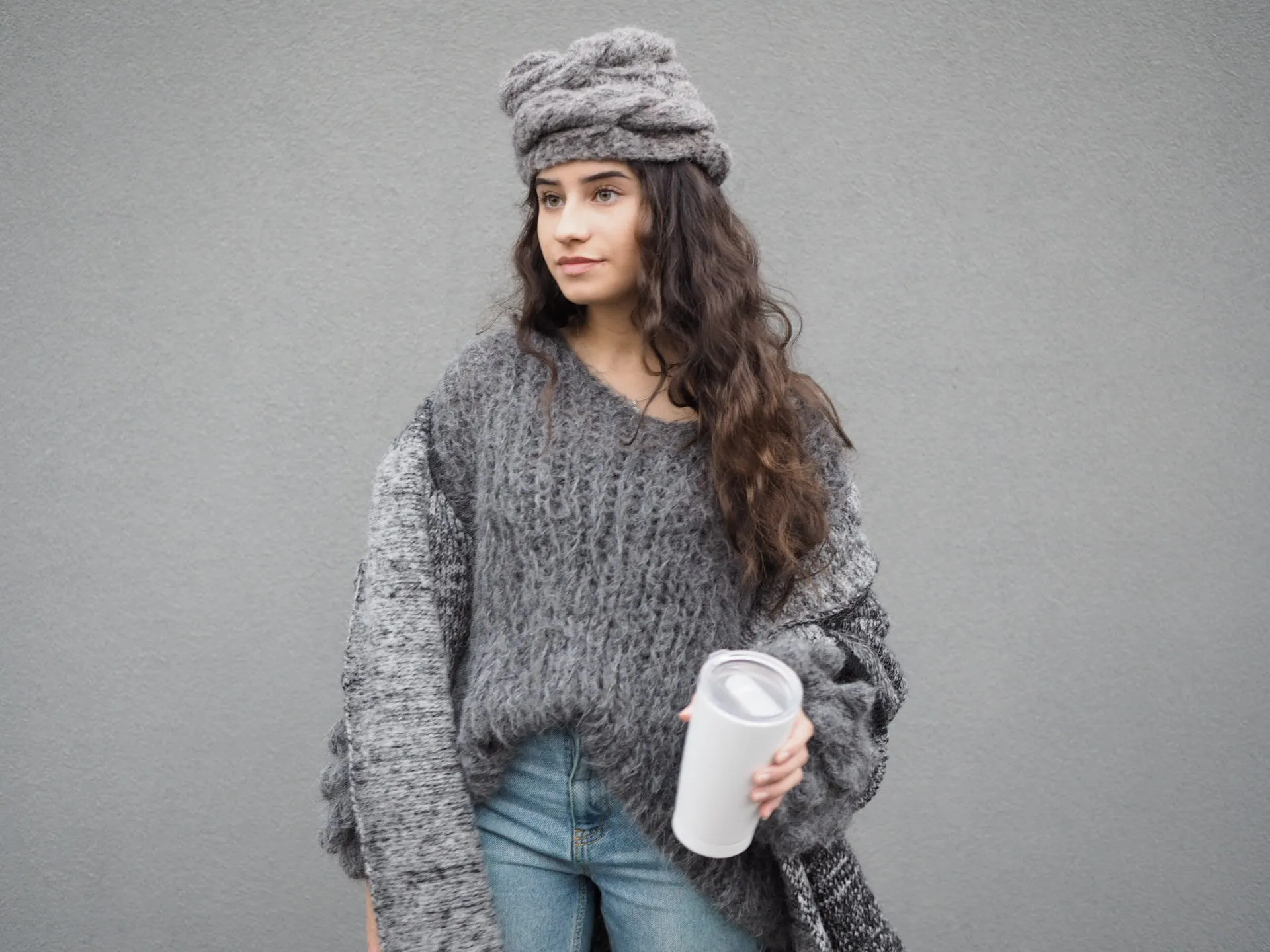 Hand knit cable beanie style Hat - (Alpaca) Black Marble