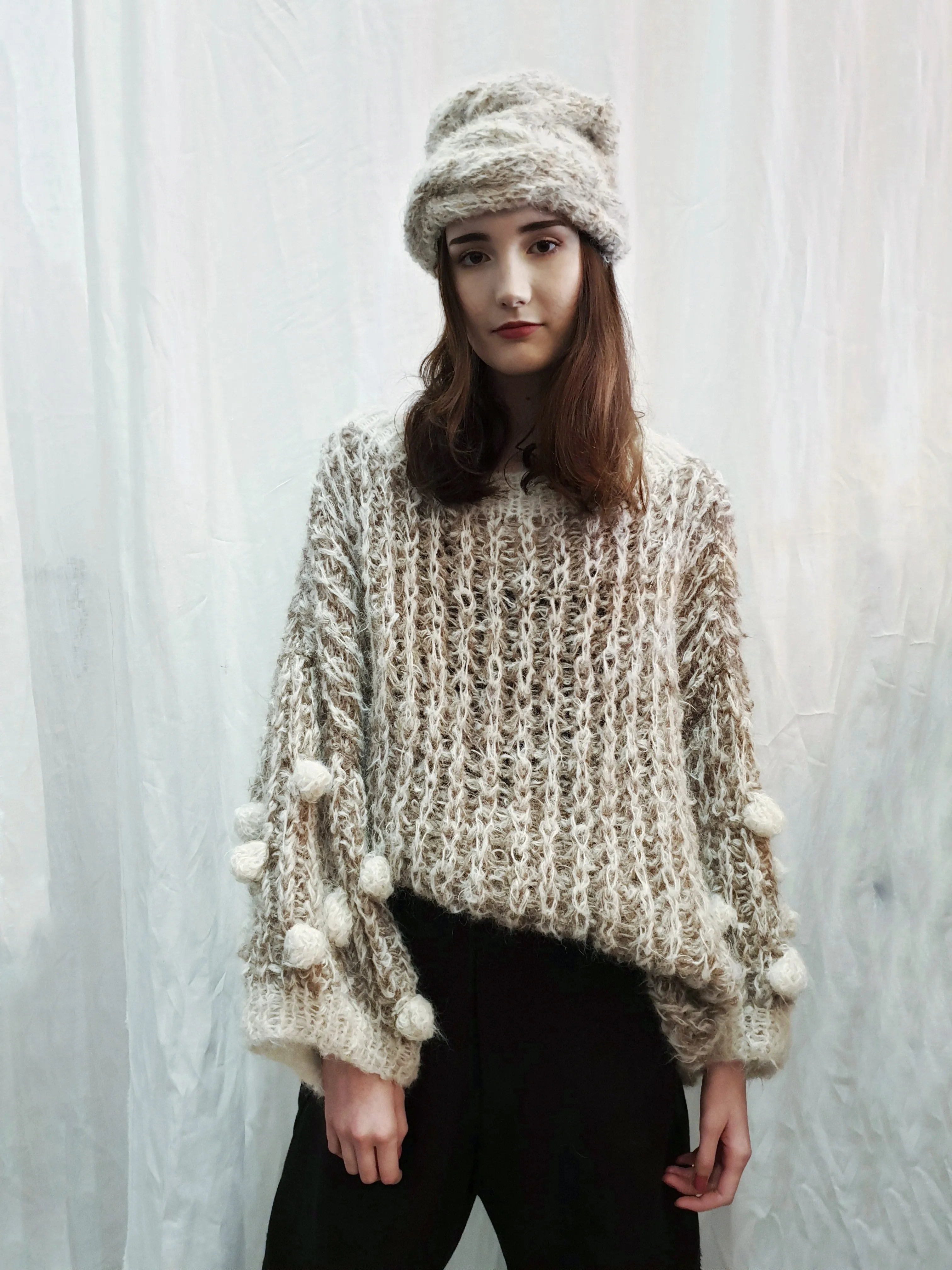 Hand knit cable beanie style Hat - (Alpaca) Black