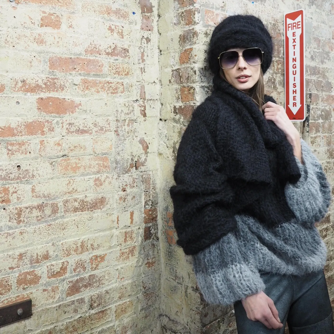 Hand knit cable beanie style Hat - (Alpaca) Black