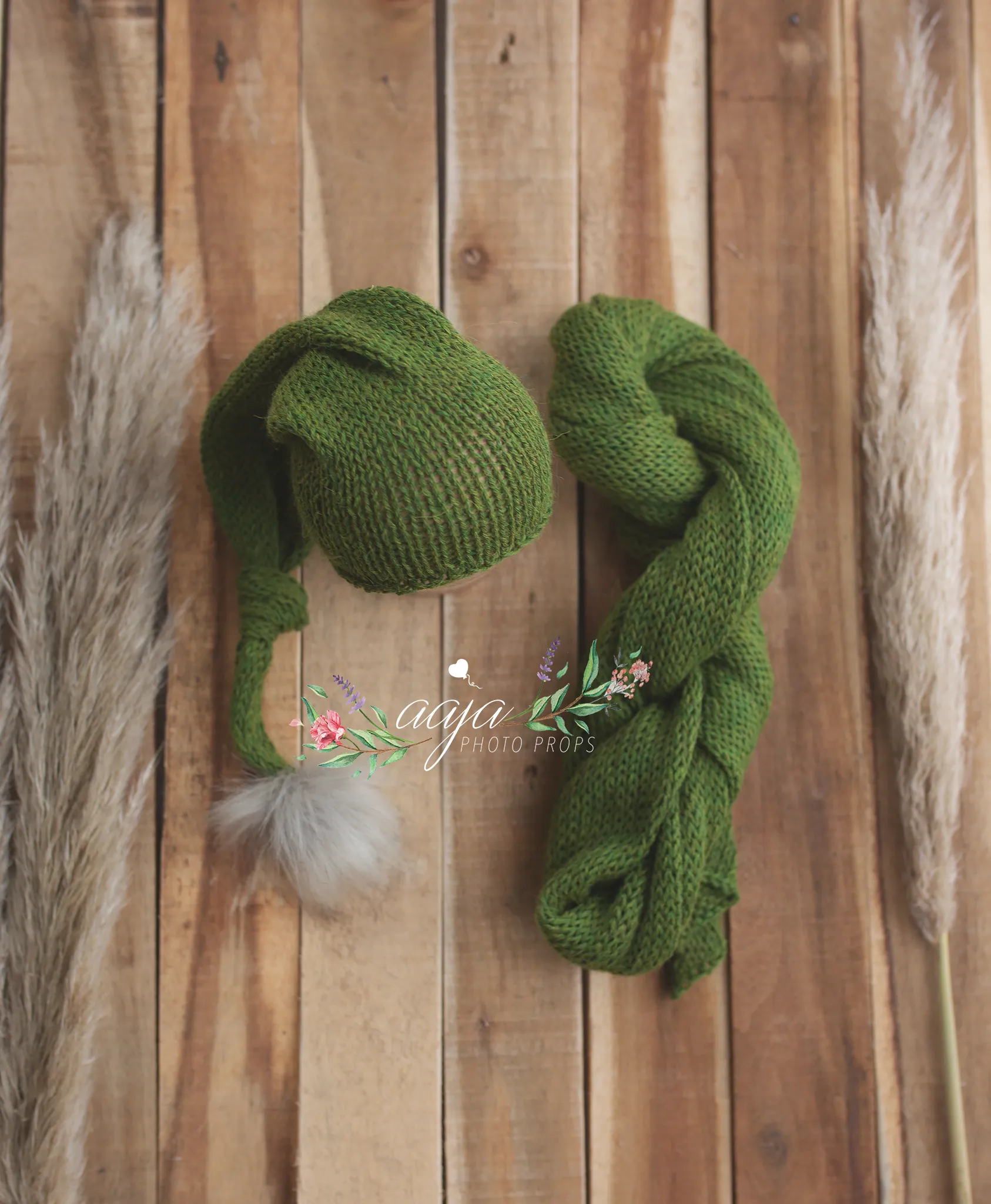Olive green, knitted stretch wrap and slouch knot hat set, fur pom pom Made to order