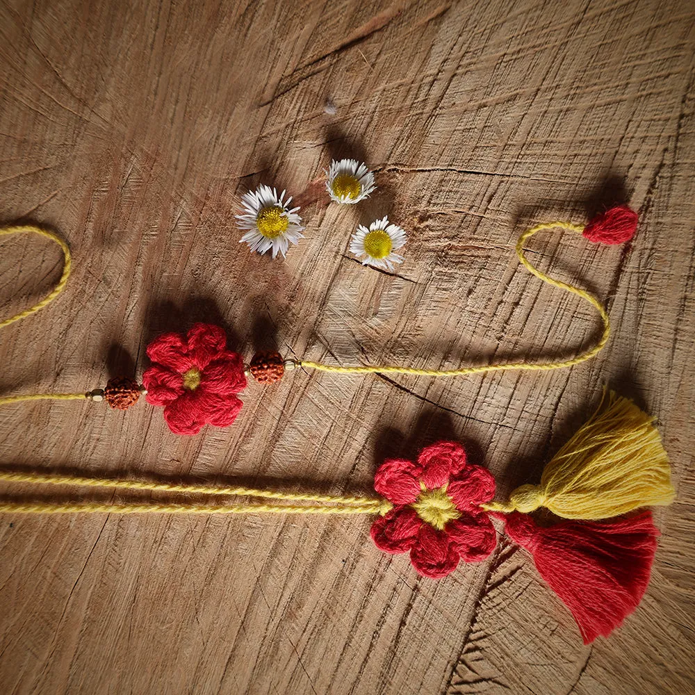 Red & Yellow Rakhi & Lumba Combo | Rakshabandhan | For Kids & Adults | Artisan Made In India | 100% Cotton | Crochet, Handcrafted