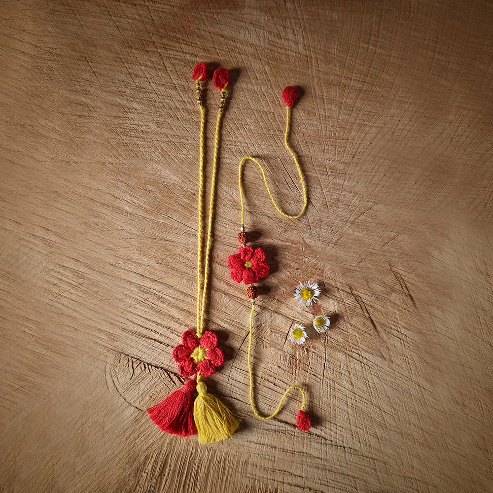 Red & Yellow Rakhi & Lumba Combo | Rakshabandhan | For Kids & Adults | Artisan Made In India | 100% Cotton | Crochet, Handcrafted