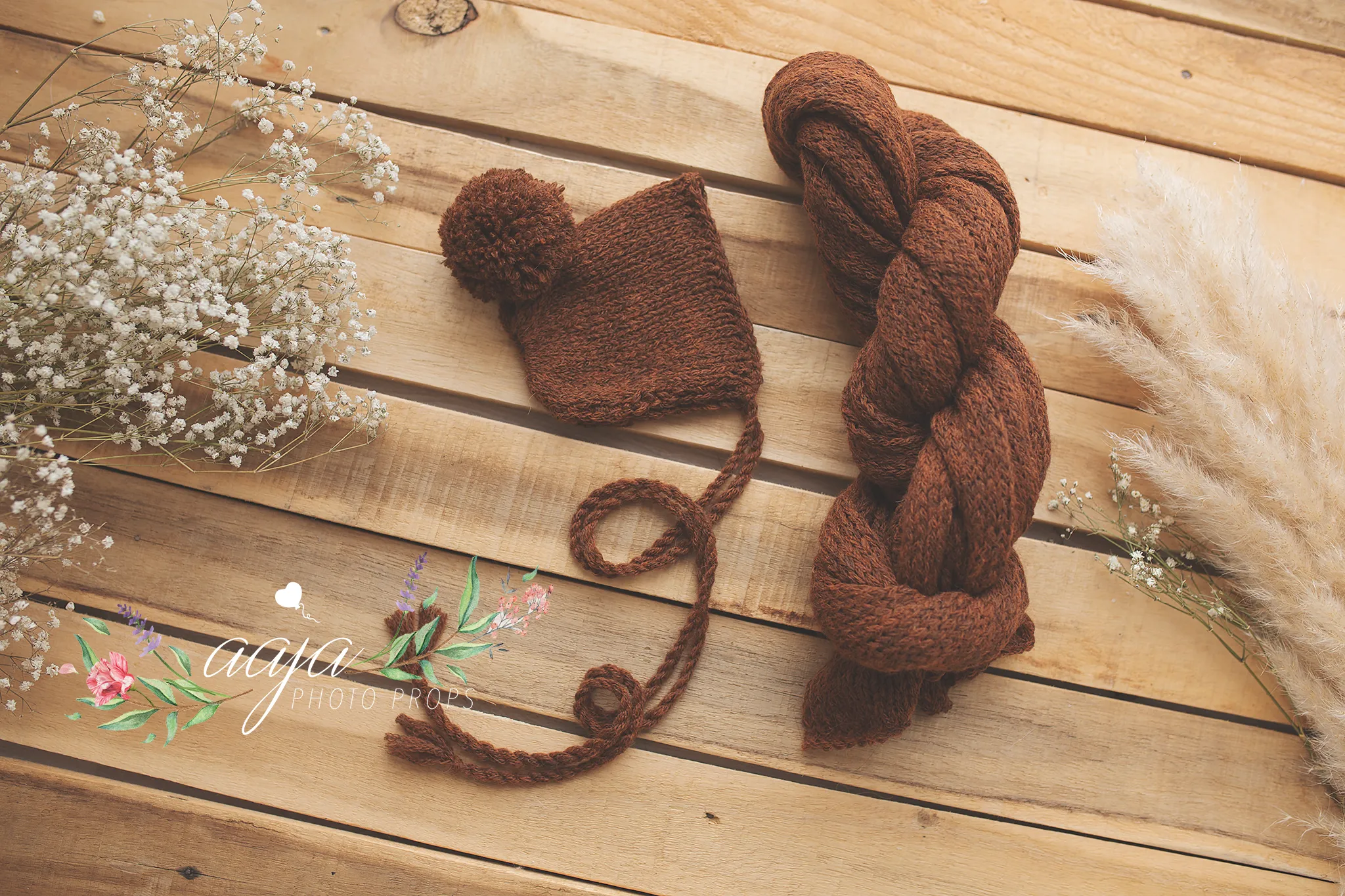 Rust orange brown knitted long stretch wrap and bonnet set, made to order